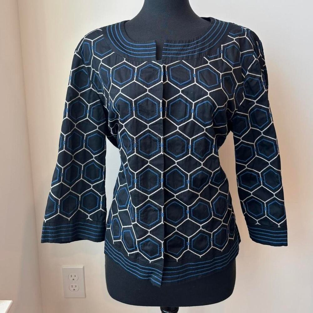 Chico's Navy and Black 100% Cotton Geometric Print Button Up Jacket Sz 3 (16)